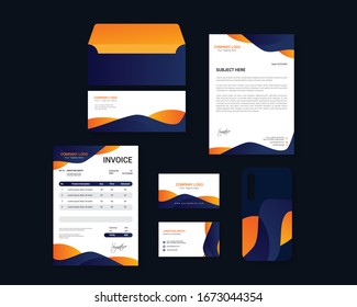 Orange And Blue Corporate Business Brand Identity Stationary Set With Business Card, Letterhead, Invoice, Envelopes Template Design