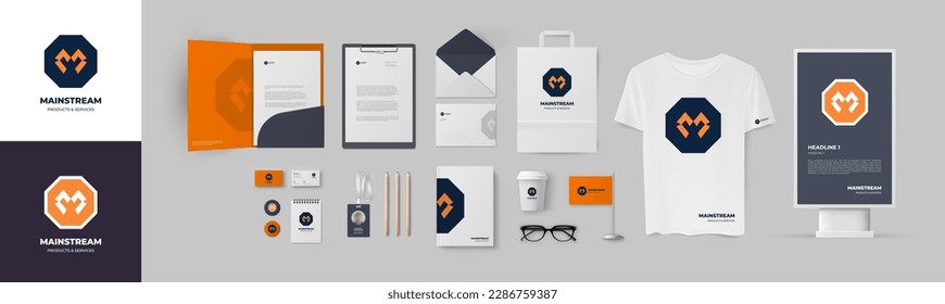 Diseño de plantillas de identidad corporativa naranja y azul con elemento M de letra geométrica de color. Paquete de papel para empresas