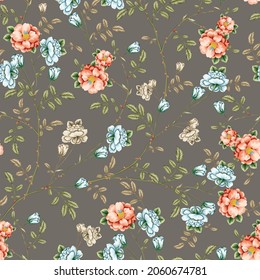 orange blue and cream vector flowers with green leaves pattern on grey background