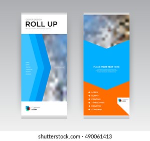 Orange and Blue Creative Abstract Shapes Business Roll Up Banner Stand brochure flyer flat design template with new trend concept. Cover presentation. Corporate identity. Layout. Stock vector