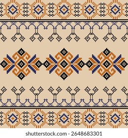 Laranja e azul ponto-cruz étnico boho padrão sem costura. Padrão tribal. Motivo popular. Relação dos têxteis. Vetor folk bordado forma geométrica sem emenda padrão. Ideias para tapete, tapete, tapeçaria de parede.