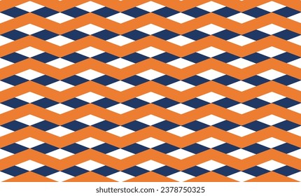 orangefarbenes und blaues Diamantmuster, nahtlose Zickzacklinie auf weißem Muster, horizontales Zig Zag-Chevron-Blau auf weißen Fliesen, Nahtlose Muster, Stoffdruck für Bilddesign