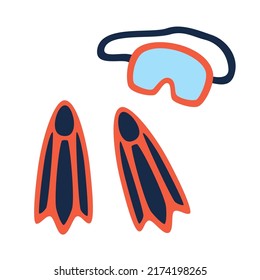Сute Orange with Blue Diving Flippers and Diving Mask with Snorkel, Isolated on White, Vector Icon. Flat Cartoon Illustration, Clipart. 
