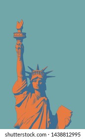 Orange and blue engraving crosshatch drawing Liberty lady crop on half body isolated on green background in retro style