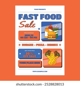 Flyer de medios sociales de comida rápida de diseño plano azul anaranjado