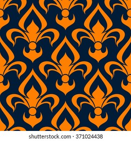 Orange and blue floral seamless pattern. Orange fleur-de-lis flowers on blue background for textile and interior design