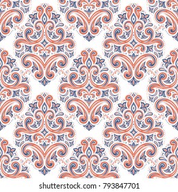 Orange and blue floral seamless pattern. Ornament, paisley elements. Traditional, Ethnic, Turkish, Indian motifs. Great for fabric and textile, wallpaper, packaging or any desired idea. 