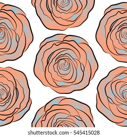 Orange and blue flower petals, close up roses, beautiful abstract seamless pattern.