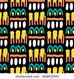 Orangefarbene und blühende Vektorgrafik Nahtlose Muster. Textile Elemente Textur. Gelbe und grüne zeitgenössische Illustration. Trendy Doodle Collage.