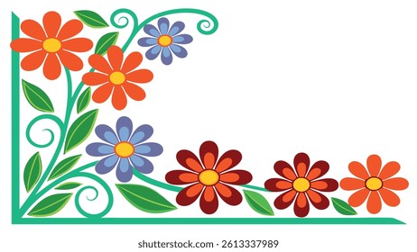 Orange and blue flowers with green leaves arranged as a border. Corner placement offers space, ideal for designs on a white backdrop.