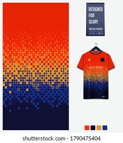 Orange Blue geometry shape abstract background. Fabric textile pattern design for soccer jersey football kit racing e-sport or sport uniform. Front t-shirt mockup template design. Vector Illustration.