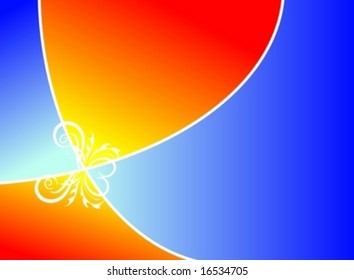 Orange and blue gradient backround with floral elements and butterfly