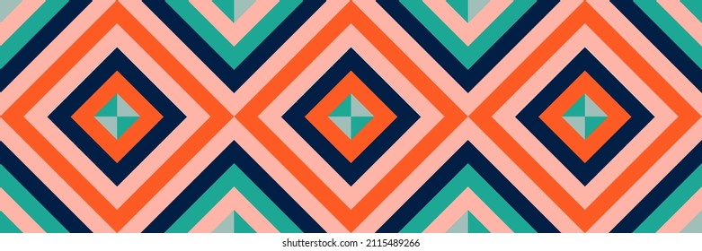 Orange, blue, and green abstract line geometric diagonal square seamless pattern banner background. Vector illustration.