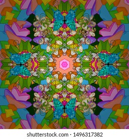 Orange, blue and green colors. Seamless pattern with flowers. Mandala vector floral flower oriental coloring book page outline template carpet.