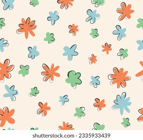 Orange, Blue, Green Flowers Seamless Pattern, Flat Summer Floral Design For Textile Print, Simple Vector Floral Illustration