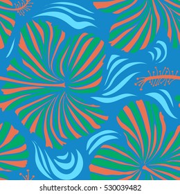 Orange, blue and green Hibiscus seamless background. Aloha hawaiian shirt vector seamless pattern.