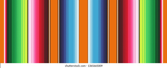 Orange Blue Green Mexican Blanket Serape Stripes Seamless Vector Pattern. Rug Texture with Threads. Background for Cinco de MayoDecor or Mexican Food Restaurant Menu. Pattern Tile Swatch Included