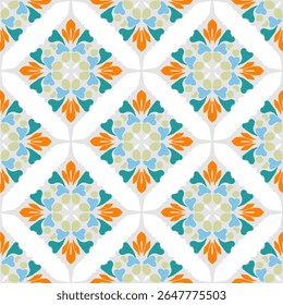Orange, blue, and grey abstract ikat design flower seamless pattern illustration in traditional style. Portuguese tiles. Spanish pottery. Wallpaper and textiles.