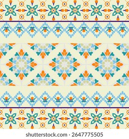 Orange, blue, and grey abstract ikat design flower seamless pattern illustration in traditional style. Portuguese tiles. Spanish pottery. Ideas for elaborate borders, wallpaper, and textiles.