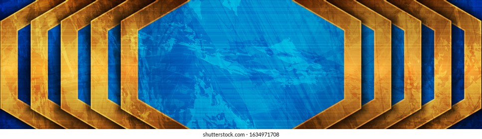 Orange and blue grunge banner design with hexagons. Geometric tech background. Vector illustration
