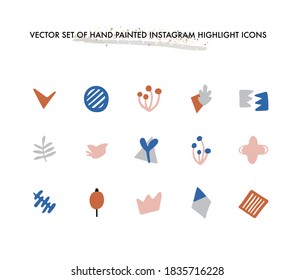 Orange and blue hand drawn icon set. Floral and nature vector element. Vector set of hand painted Instagram highlight icons