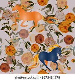 Orange and blue horses with colored manes and tails on cream, beige background. Leaves, stems, flowers and inflorescences of peonies and roses vector illustration. Endless pattern. EPS10