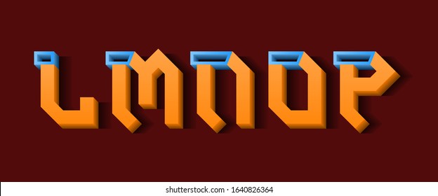 Orange blue L, M, N, O, P 3d letters. Decorative volumetric font.