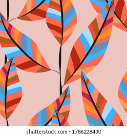 plumas de hojas azules anaranjadas patrón vectorial transparente