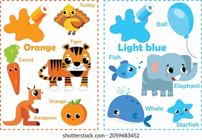 Orange. Blue. Learn the color. Education set. Illustration of primary colors. Animal color illustration