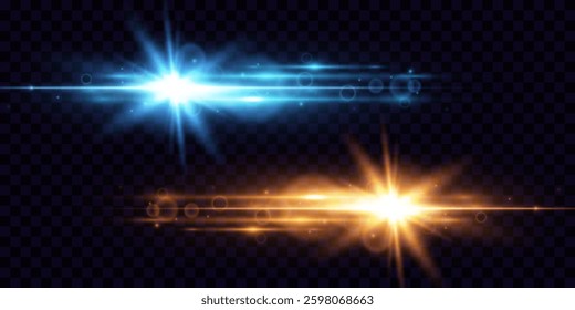 Orange and blue light flash with particles. Light effects and glare. On a transparent background.
