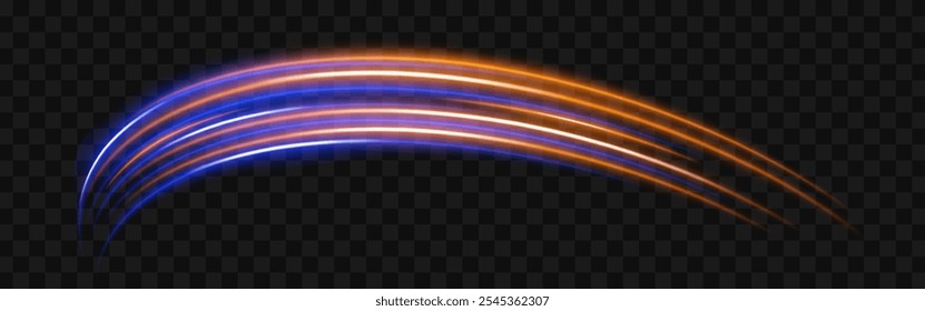 Orange and blue light streaks with a curved beam reflection. Sci-fi designs, light transitions, and futuristic effects. Glowing neon arcs on a transparent background
