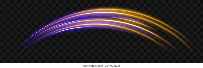 Orange and blue light streaks with a curved beam reflection. Sci-fi designs, light transitions, and futuristic effects. Glowing neon arcs on a transparent background