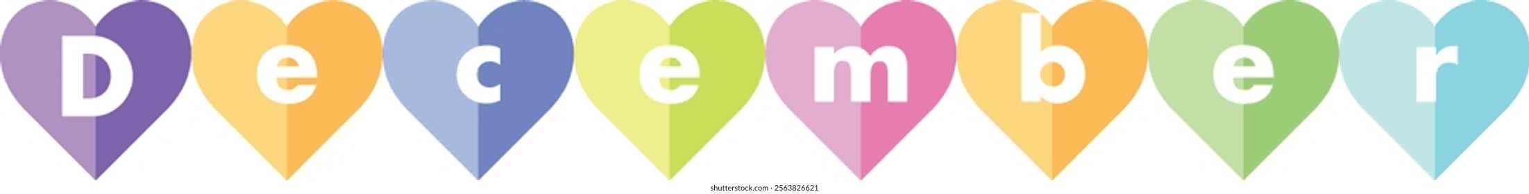 orange blue lime green pink and cyan colors heart shape with word december white color, isolated on white background.