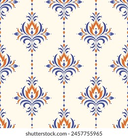 Orange and blue luxury vector seamless pattern. Ornament, Traditional, Ethnic, Arabic, Turkish, Indian motifs. Great for fabric and textile, wallpaper, packaging design or any desired idea.