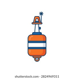Orange and blue maritime navigation buoy with antenna. A clean flat illustration of a floating marine buoy in orange and blue colors, featuring a white stripe and a light signal on top. Ideal for nautical safety and maritime branding.