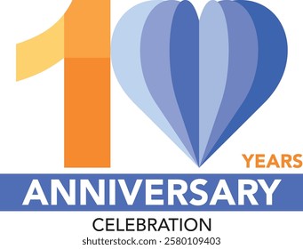 orange and blue monochrome color heart number 10 and word years gray color and word anniversary celebration are in the bottom.