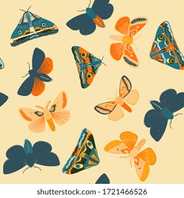 Orange and blue moths on a cream? beige color background. Seamless vector pattern with insects. Repeating square pattern for fabric and wallpaper.