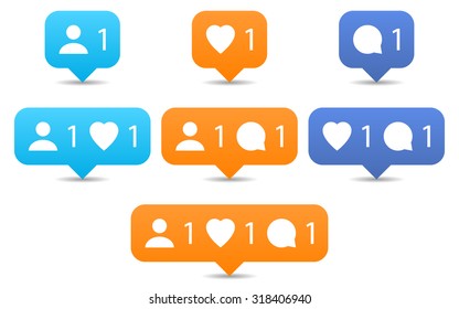 Orange and blue notification tooltip with heart, user, speech bubble, counter, shadow on white background. Like, follow, comment icons in flat style. Set 02. Vector illustration design element 8 eps