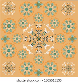 Orange and blue on the sandy brown background