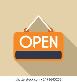 Orange and blue open sign is hanging on a door, indicating that the business is open
