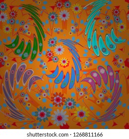 Orange, blue and pink colors vector seamless pattern with many flowers.