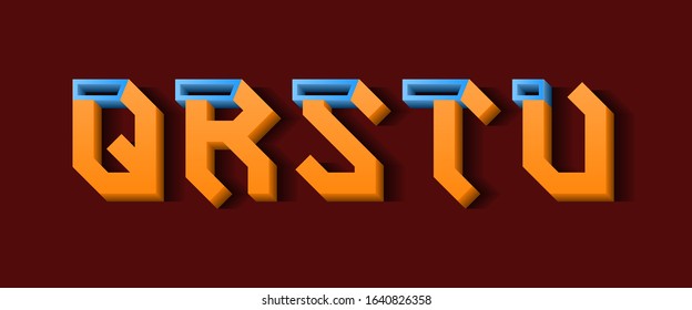 Orange blue Q, R, S, T, U 3d letters. Decorative volumetric font.