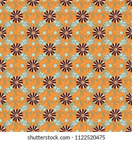 Orange, blue and red background with flowers pattern. Vector floral seamless pattern.