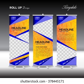 Orange and blue Roll Up Banner template vector illustration, polygon background, advertisement, display, flyer design, stand