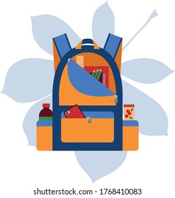 Orange and blue school backpack on a background of chestnut leaf. Vector image. Whole items. Transparent background. Rucksack for children who go to school in the new school year. Knapsack for student