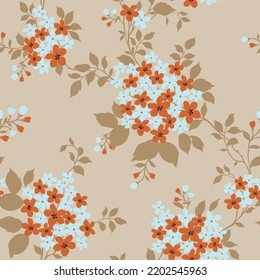 flor vectorial floral sin soldadura naranja y azul pequeñas flores con patrón de hojas sobre fondo crema