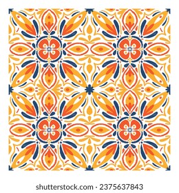 Orange blue seamless pattern for ceramic tiles, vector flat illustration. Vector illustration