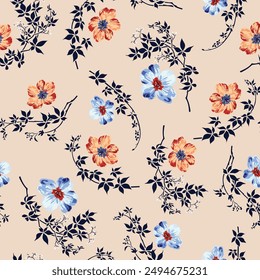 flores de stock de Vector sin costura naranja y azul con patrón de hojas negras sobre fondo crema