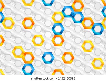 Orangefarbene, blaue und silbergraue glänzende Hexagons technisches abstraktes Vektordesign. Futuristische Geometrie, Hintergrund