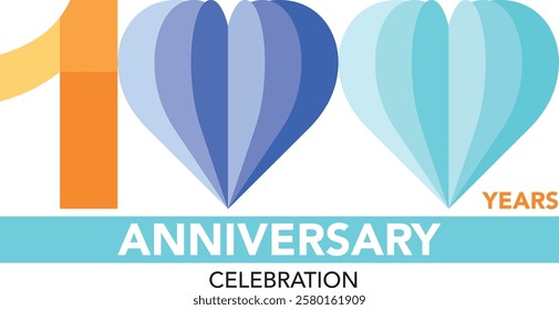 orange and blue with sky blue monochrome color heart number 100 and word years anniversary celebration are in the bottom.